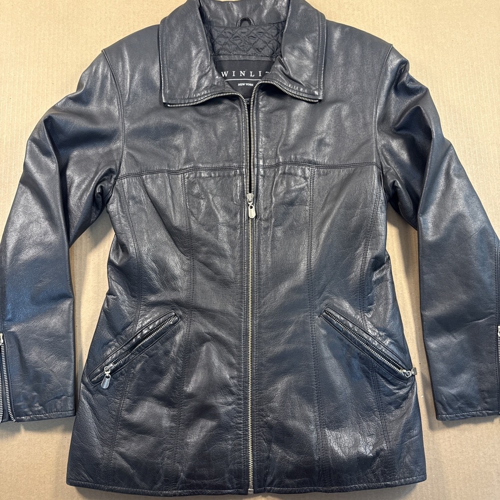 Winlit Black Genuine Leather Full Zip Jacket Women's Small Mid-Length Coat Soft